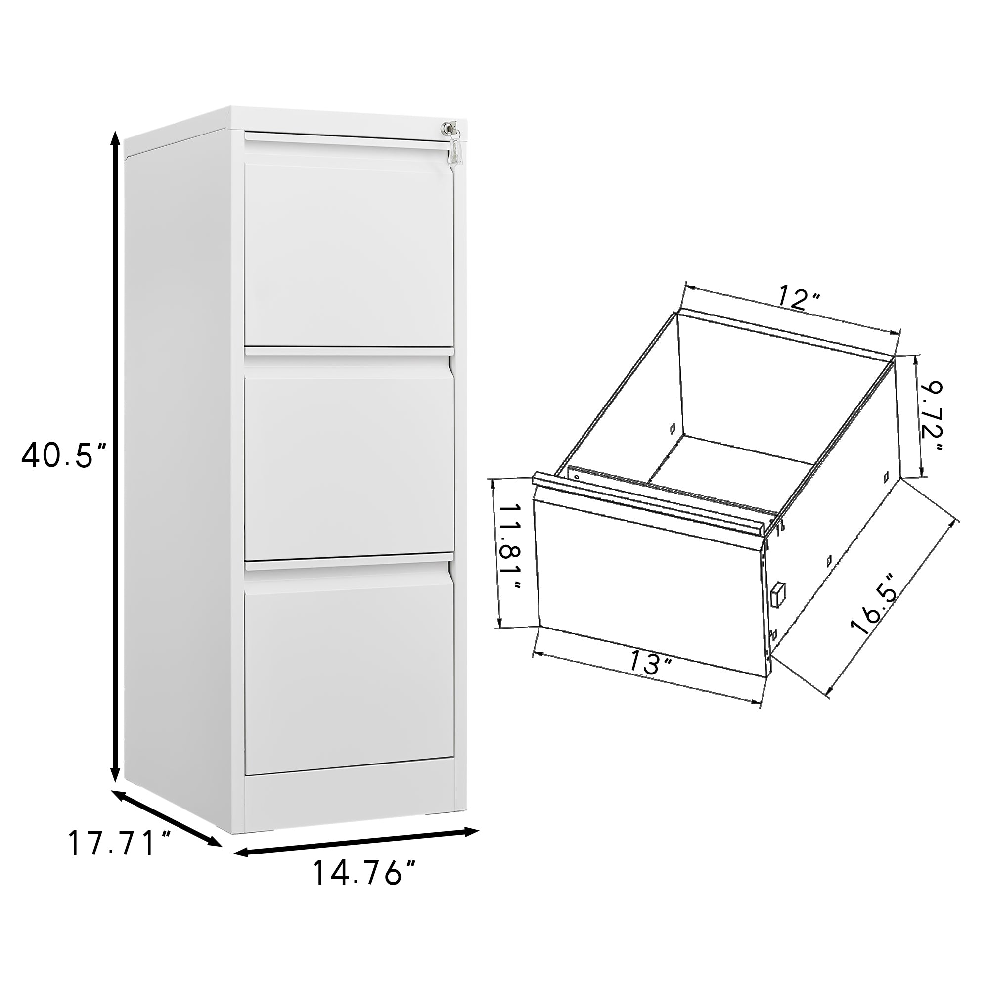 Steel Vertical File Cabinet with Lock - 3-Drawer Metal Storage for A4/Legal/Letter - White, 14.65 x 14.75 x 40.50 inches - Gr