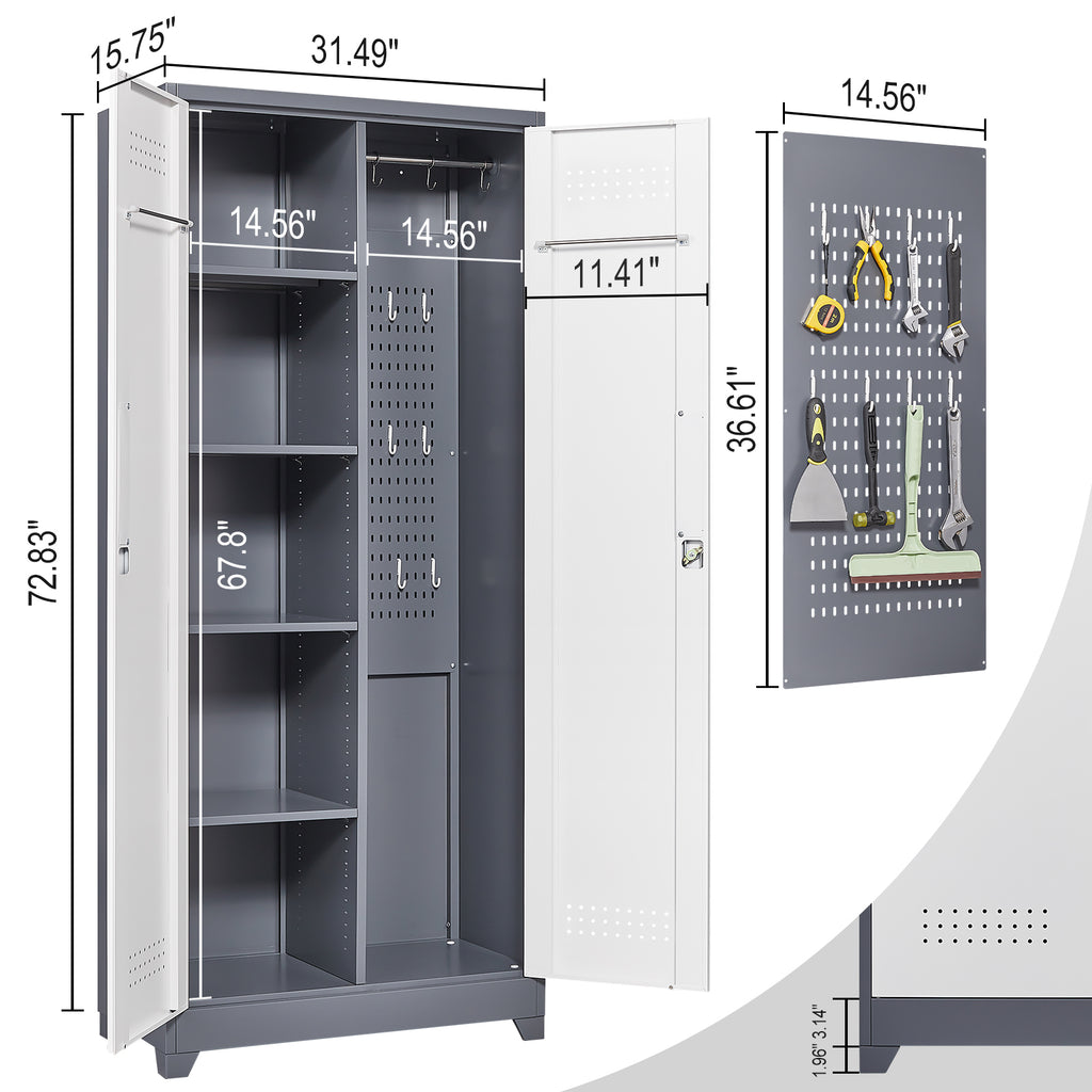 Gray Metal Lockers with Locking Doors, Adjustable Shelves, High Broom Tool Storage Cabinet, 72-Inch Kitchen, Office, Shop Org