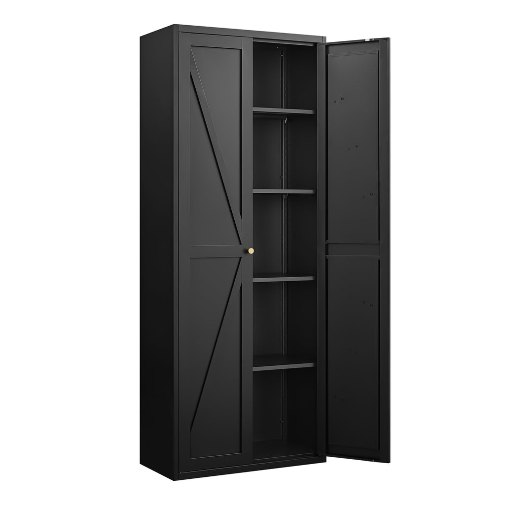 Black Metal Kitchen Pantry Cabinet with Adjustable Shelves and Gold Handles, Tall Steel Storage Locker for Kitchen, Living Ro