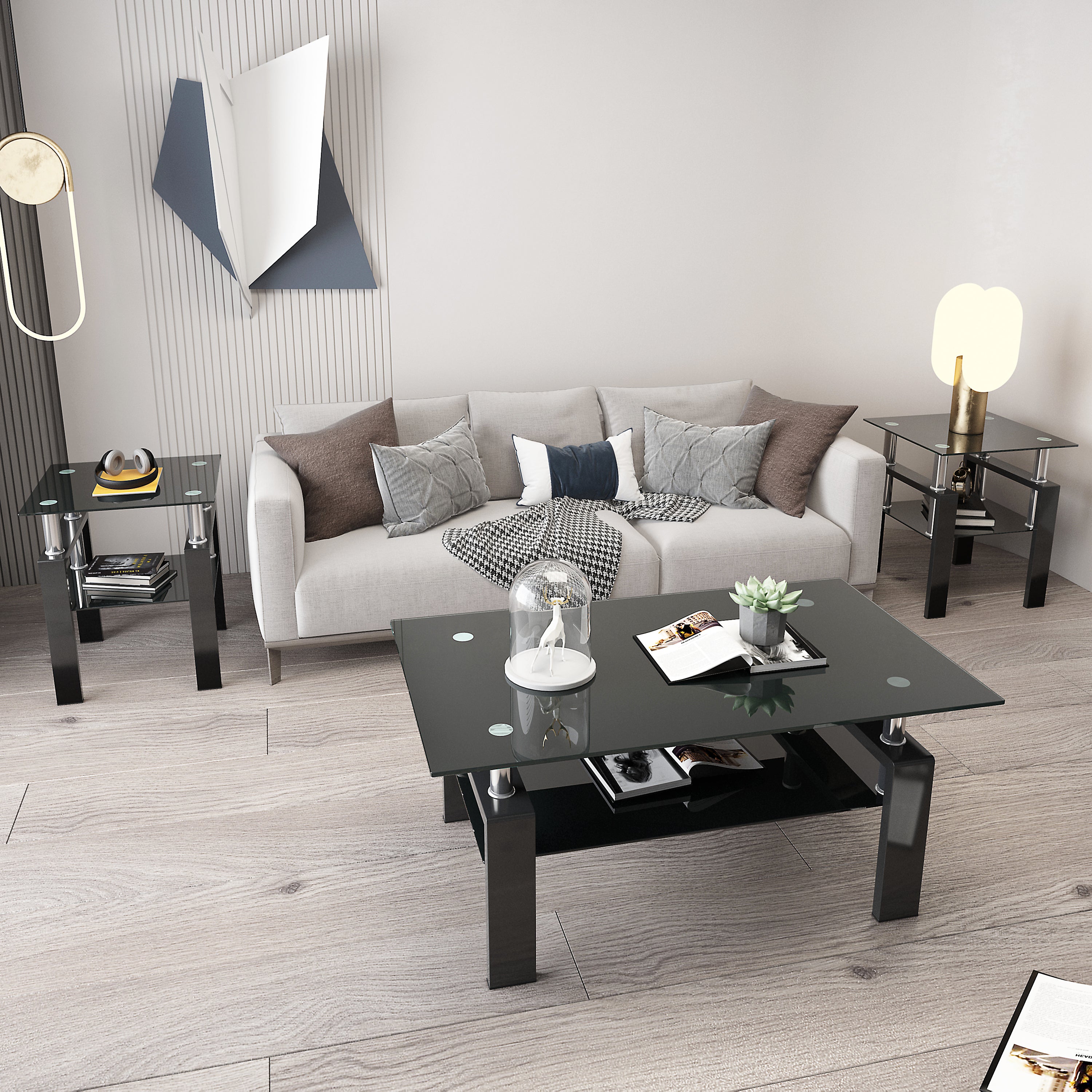 Modern Tempered Glass Tea Table Coffee Table End Table Set in Black with Metal Legs, 17.72 x 17.72 x 20.5 Inches - Grand Goldman Shop
