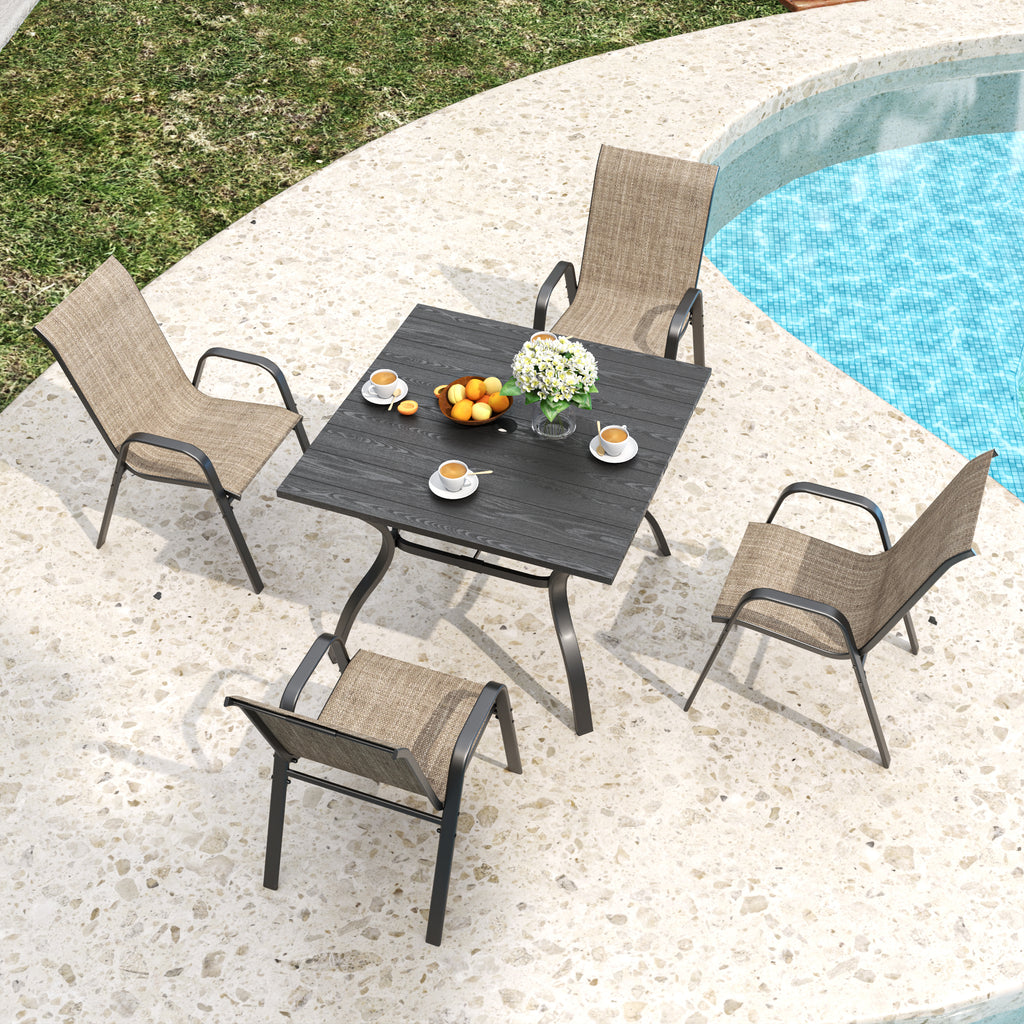 5-Piece Outdoor Patio Dining Set, Vintage Wood Grain Table with Umbrella Hole + 4 Ergonomic Stacking Chairs 350LB Capacity, Waterproof Textilene Fabric, for Garden Yard Balcony Patio Restaurant