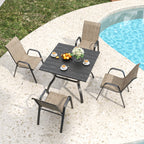 5-Piece Outdoor Patio Dining Set, Vintage Wood Grain Table with Umbrella Hole + 4 Ergonomic Stacking Chairs 350LB Capacity, Waterproof Textilene Fabric, for Garden Yard Balcony Patio Restaurant