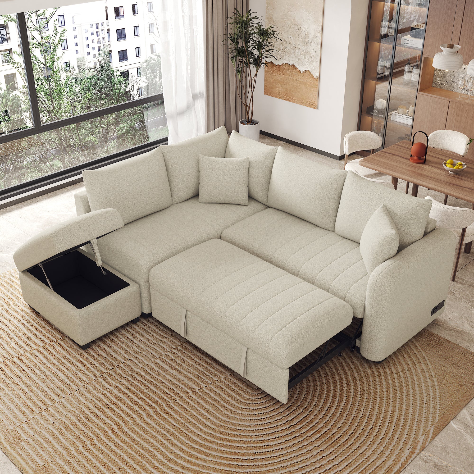 Modern L-shaped Sectional Pull Out Sofa Bed with USB Ports and Storage Ottoman, Beige, Jacquard Fabric, 82.6' - Grand Goldman Shop