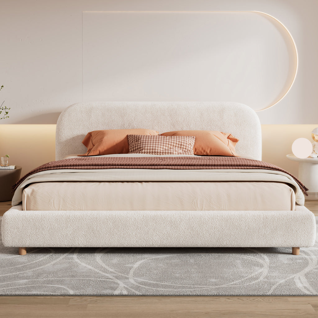 King Size Platform Bed with Boucle Fabric, Boucle Fabric Upholstered Platform Bed with Curve-Shaped Design Headboard, White, Easy Assembly - Grand Goldman Shop