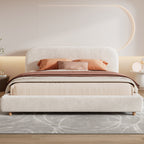 King Size Platform Bed with Boucle Fabric, Boucle Fabric Upholstered Platform Bed with Curve-Shaped Design Headboard, White, Easy Assembly - Grand Goldman Shop