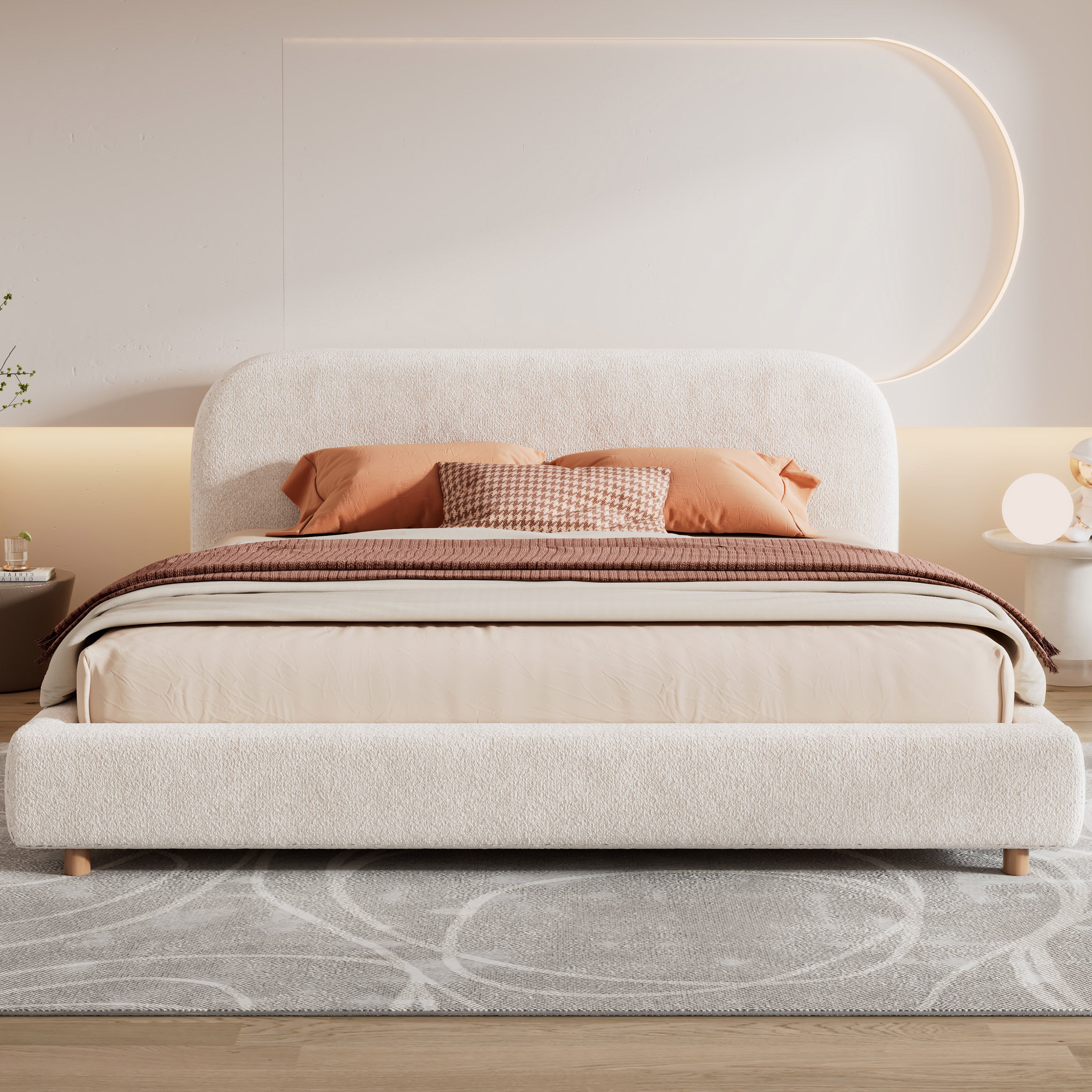 King Size Platform Bed with Boucle Fabric, Boucle Fabric Upholstered Platform Bed with Curve-Shaped Design Headboard, White, Easy Assembly - Grand Goldman Shop