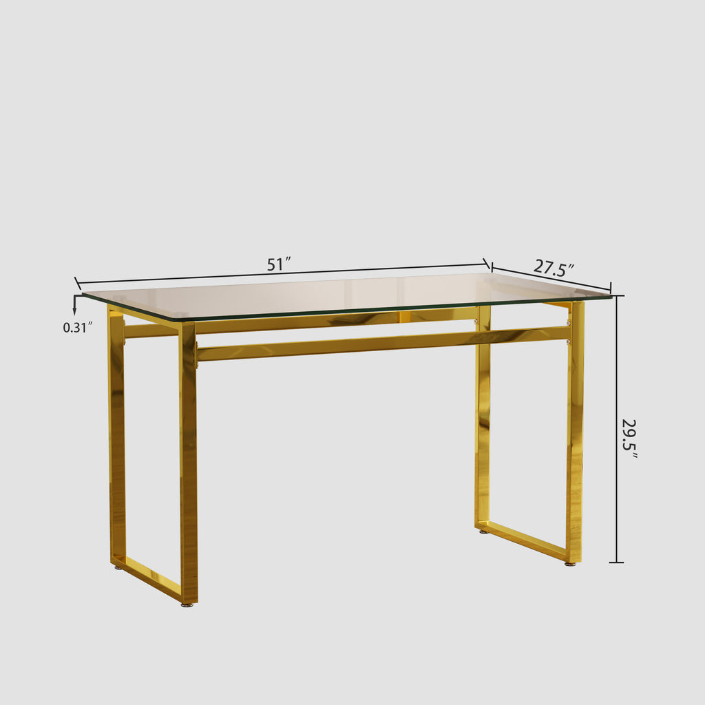 Modern Minimalist Rectangular Glass Dining Table with Tempered Glass Tabletop and Golden Chrome Metal Legs for 4-6 - Grand Goldman Shop