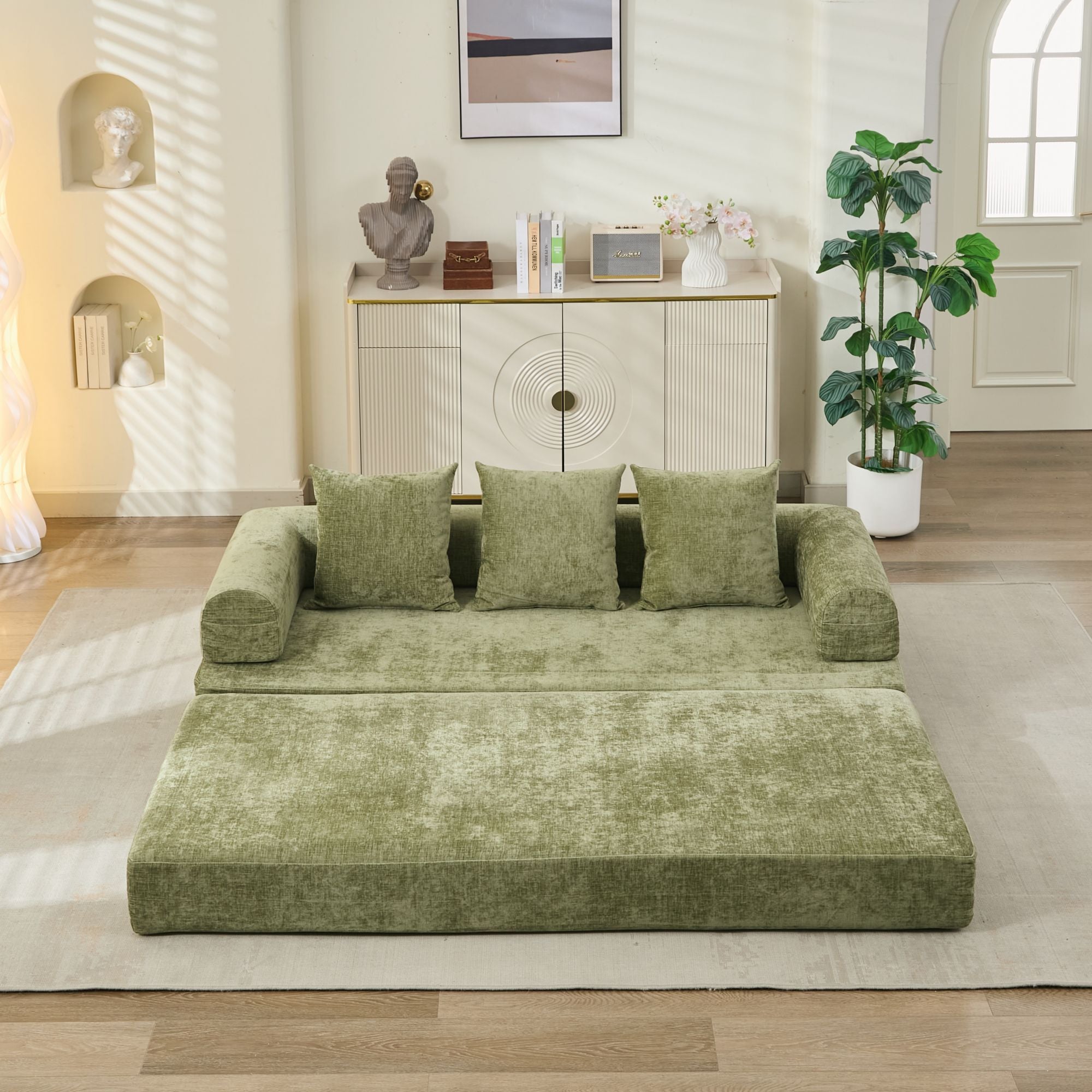Comfy Convertible Folding Mattress Couch, Floor Sofa Bed, Chenille Floor Sofa with Armrest, Floor Sofa Lounge Couch for Living Room Bedroom Lounge Studio-Green - Grand Goldman Shop
