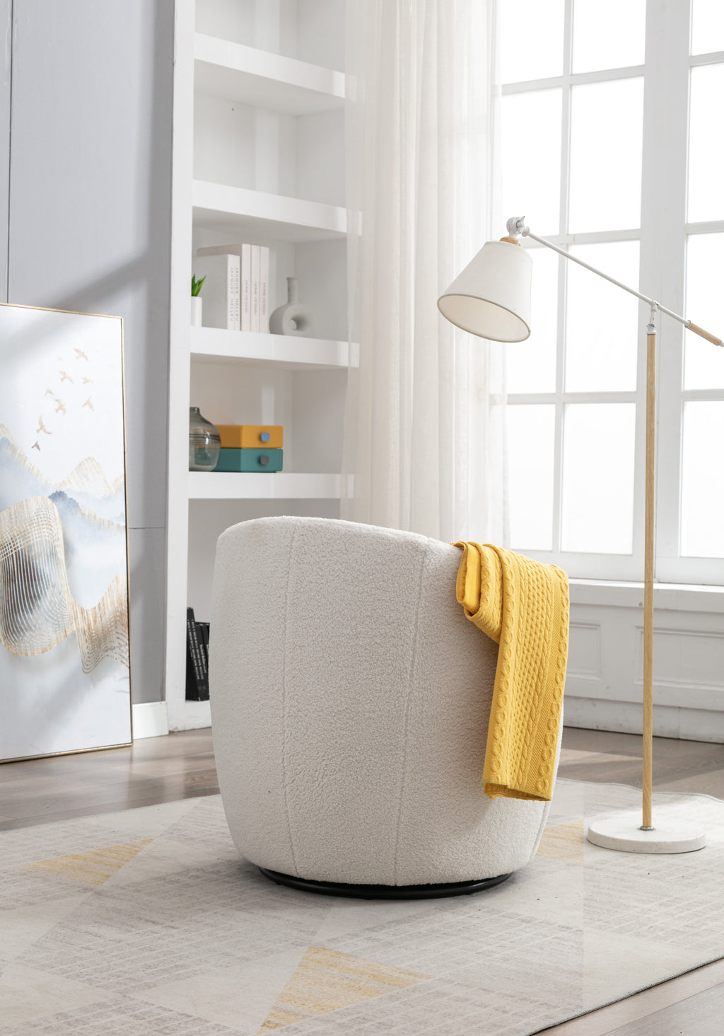 Teddy Fabric Swivel Accent Armchair Barrel Chair With Black Powder Coating Metal Ring,Ivory White - Grand Goldman Shop