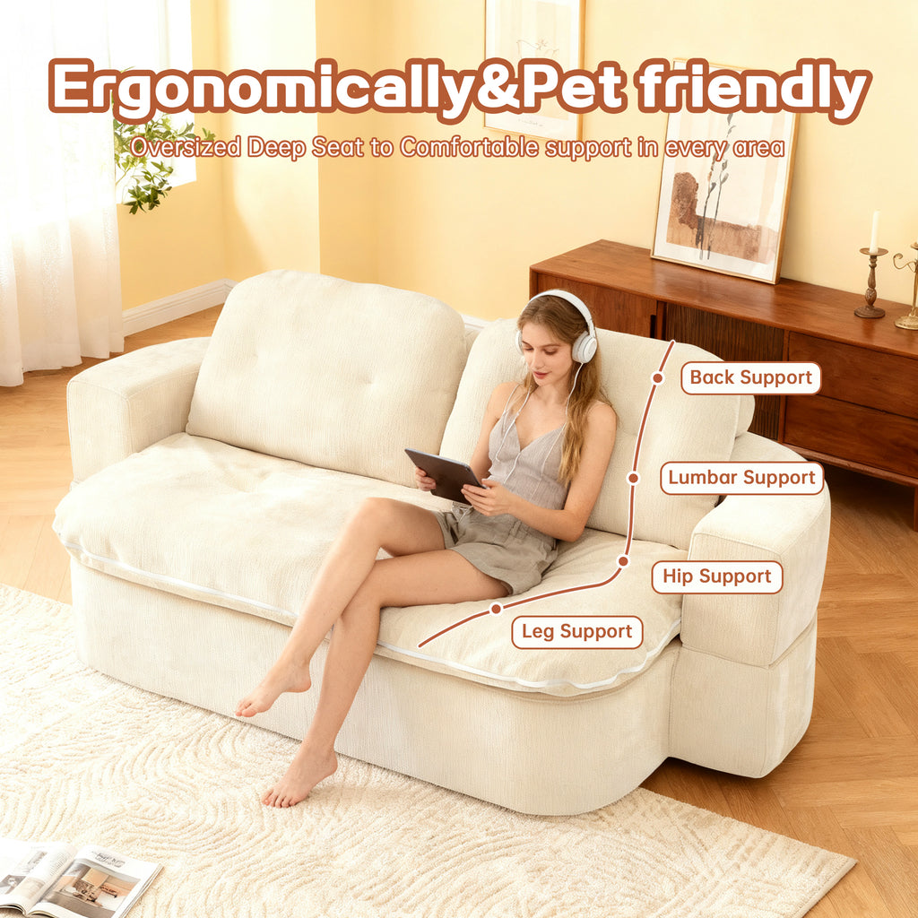 Modern Floor Sofa with 2 Pillows,Convertible Chenille Fabric Foam-Filled Sleeper Sofa Bed, no assembly required,Convertible Sofa Cushion Unfolds into Quilt,Folding Mattress for Living Room,Playroom - Grand Goldman Shop