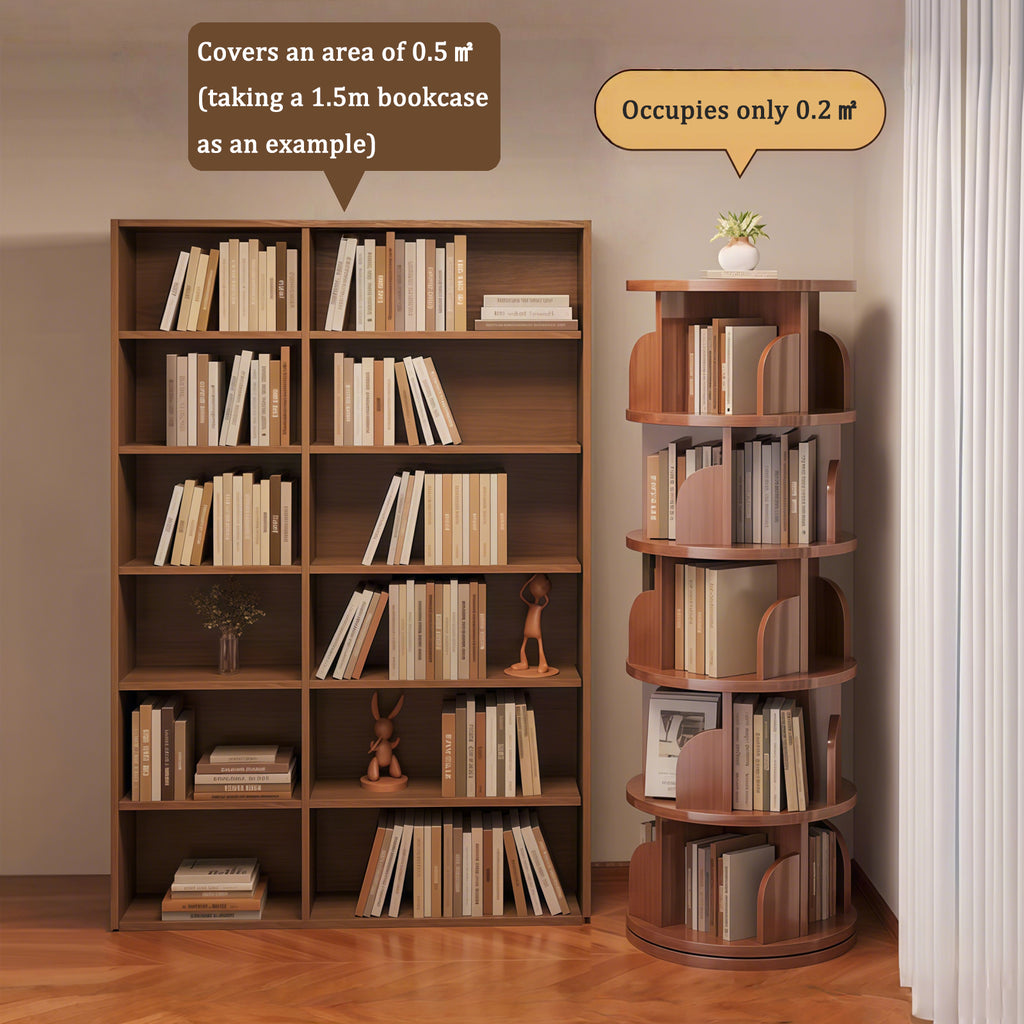 5 Tier Rotating Bookshelf, 360° Display Round Spinning Bookshelf, Space-Saving, Small Space Rotating Bookshelf Tower for Bedroom, Living Room, Home, Office, Walnut - Grand Goldman Shop