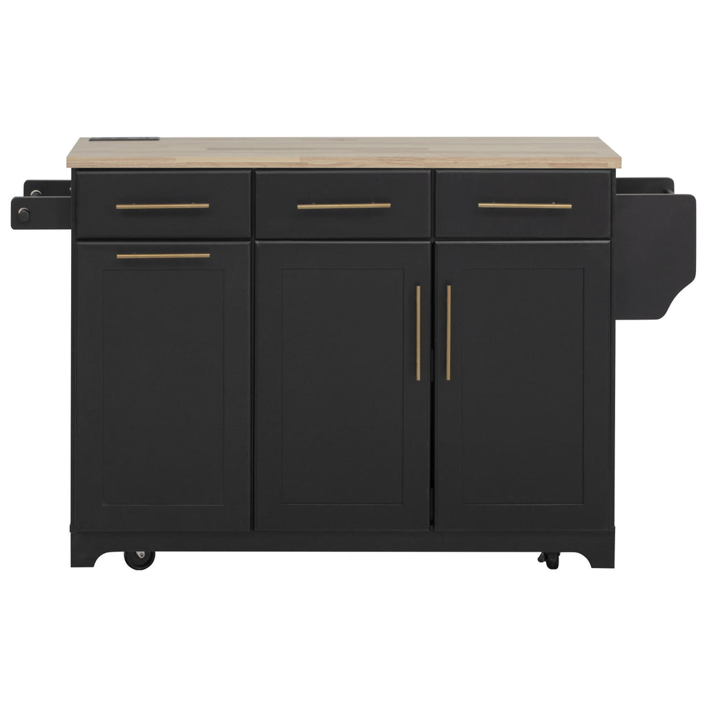 K&K 59.3' Kitchen Island with Storage 2 Pull Out Cabinet Organizers & Rubber Wood Drop Leaf, Rolling Kitchen Island with Trash Can Storage, Power Outlet, Spice & Towel Rack for Kitchen, Dining, Black - Grand Goldman Shop
