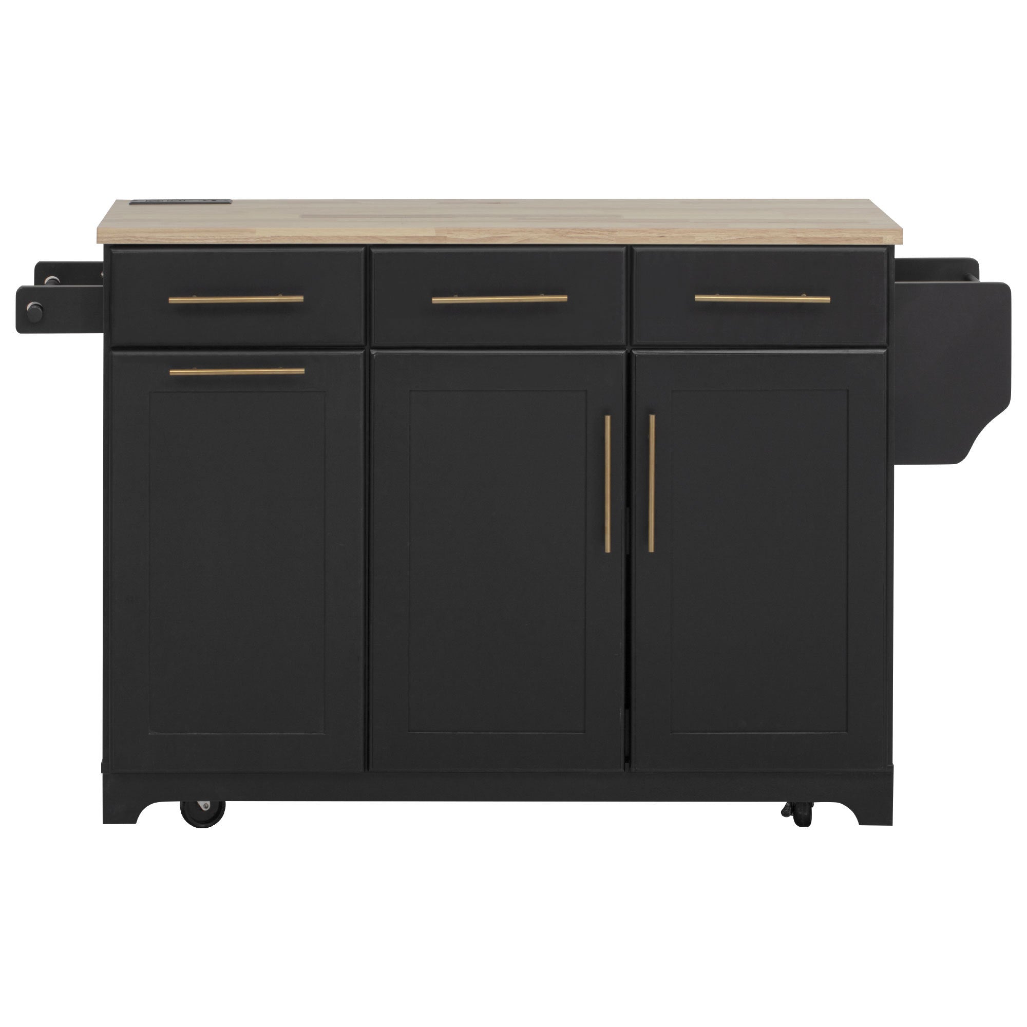K&K 59.3' Kitchen Island with Storage 2 Pull Out Cabinet Organizers & Rubber Wood Drop Leaf, Rolling Kitchen Island with Trash Can Storage, Power Outlet, Spice & Towel Rack for Kitchen, Dining, Black - Grand Goldman Shop