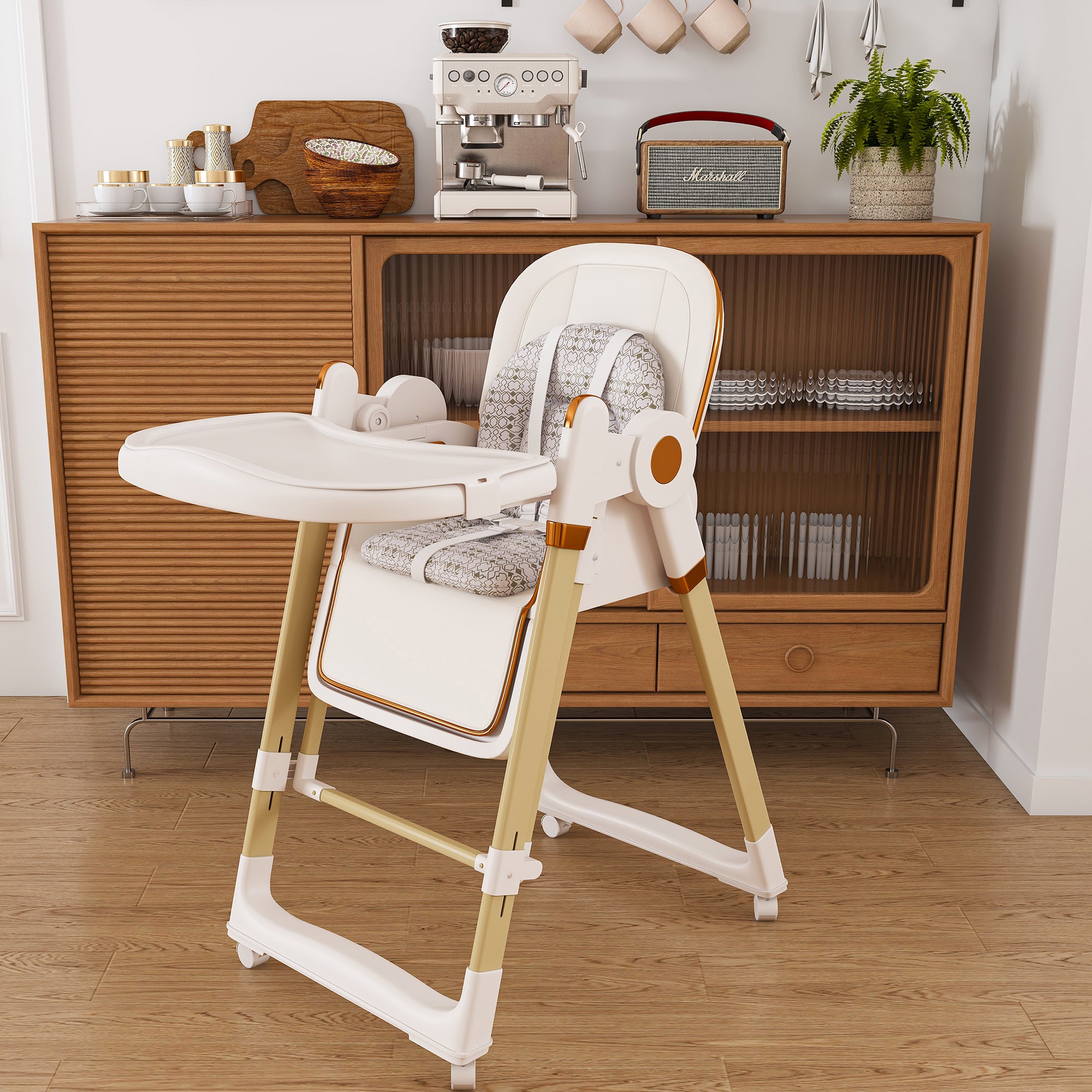 Convertible Baby High Chair to Rocker with 5-Point Harness, Foldable Infant Feeding Chair in White with Removable 2-Tier Easy