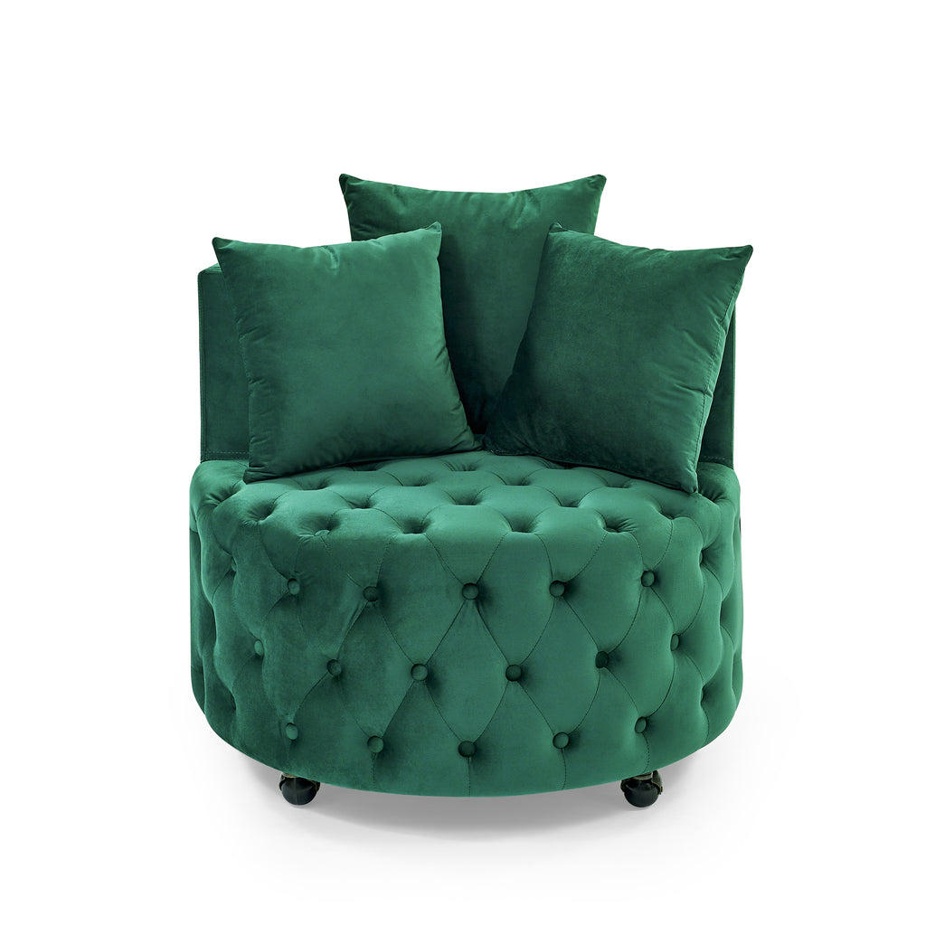Modern Glam Velvet Upholstered Swivel Chair with Button Tufted Design and Wheels, Green - Grand Goldman Shop