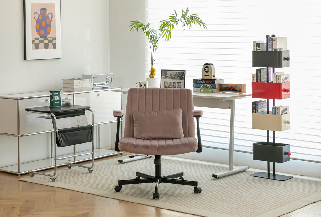 Pink Velvet Criss Cross Armrest Office Chair with Wheels - Comfortable for Home Office, Reading & Vanity - Grand Goldman