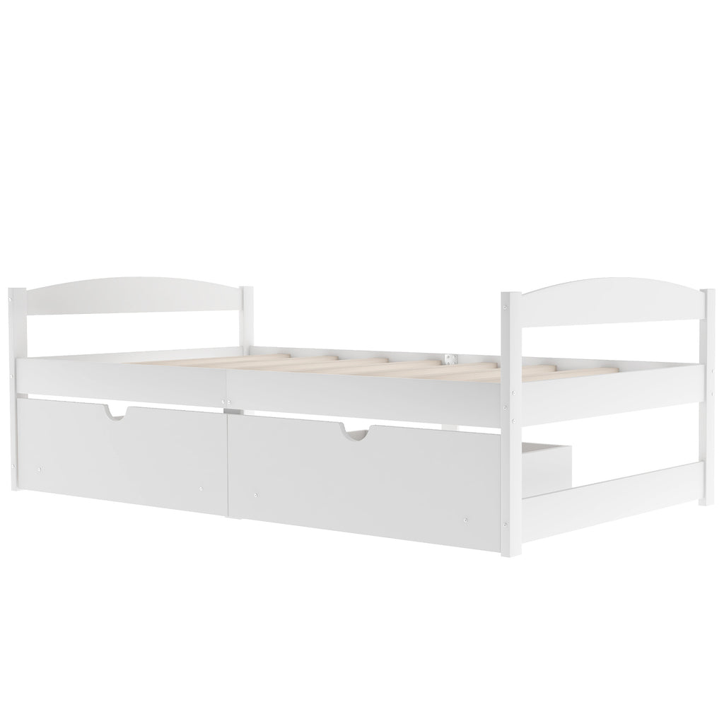 White Twin Size Platform Bed with Two Drawers, Pine Wood and MDF, 77.1''L x 40.7''W x 23.1''H - Grand Goldman Shop