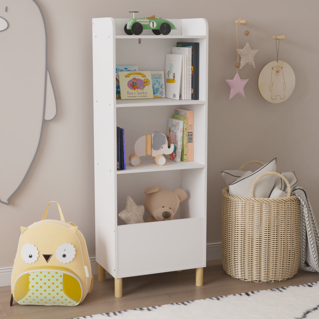 Kids 4-Tier Bookcase, Children's Book Display with Safety Restraint, White MDF & Pine Wood Storage Cabinet for Nursery, Playr