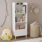 Kids 4-Tier Bookcase, Children's Book Display with Safety Restraint, White MDF & Pine Wood Storage Cabinet for Nursery, Playr