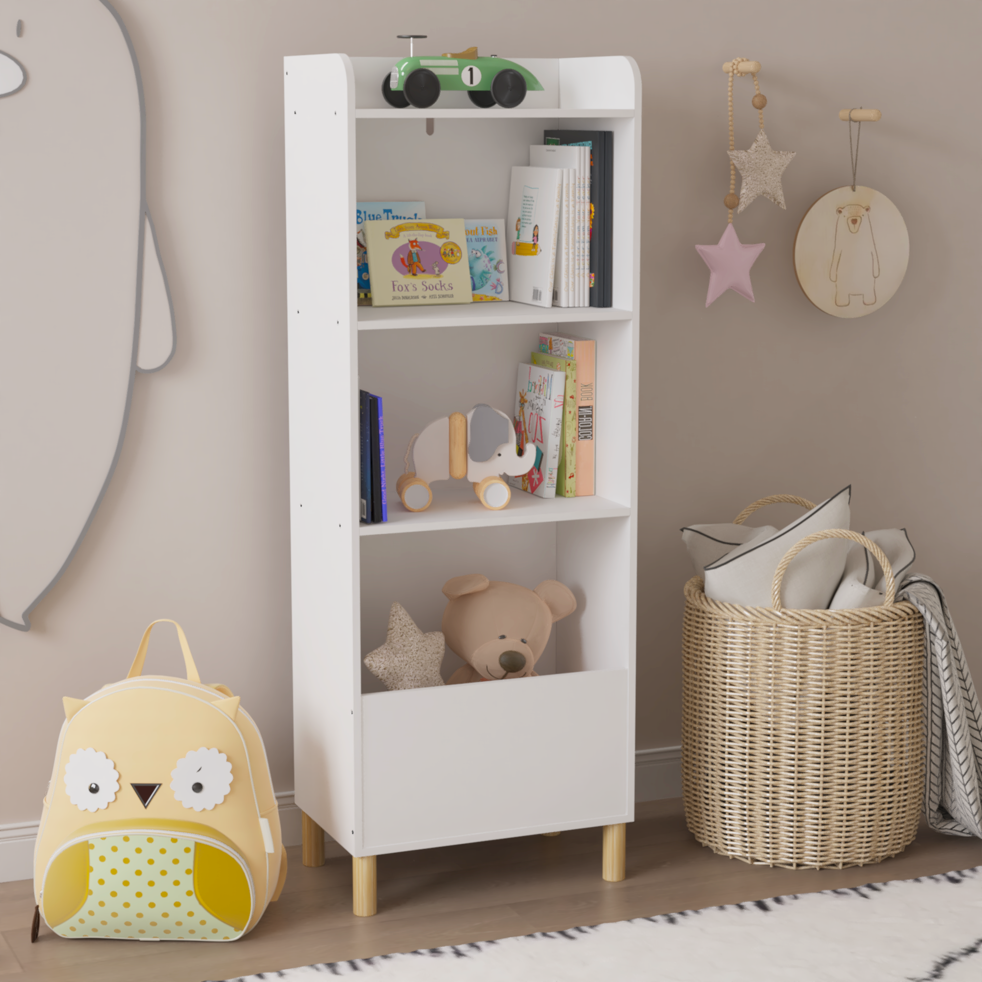 Kids 4-Tier Bookcase, Children's Book Display with Safety Restraint, White MDF & Pine Wood Storage Cabinet for Nursery, Playr
