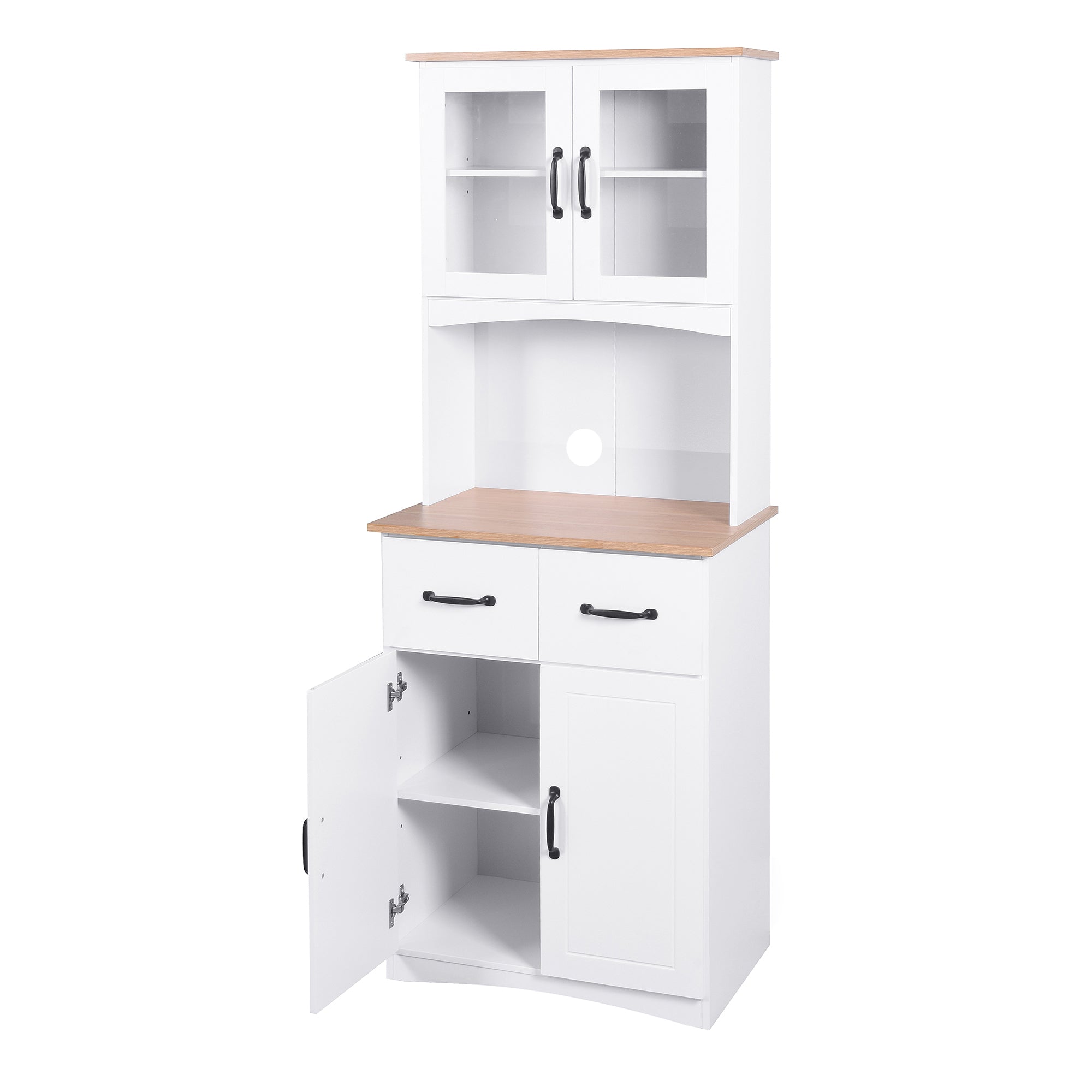 Wooden Kitchen Cabinet White Pantry Room Storage Microwave Cabinet with Framed Glass Doors and Drawer - Grand Goldman Shop