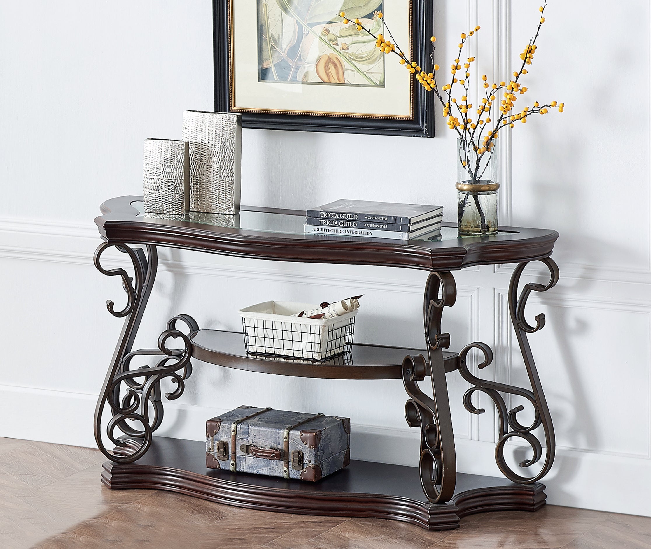 Sofa Table, Glass table top, MDF W/marble paper middle shelf, powder coat finish metal legs. (54'Lx20'Wx30'H) - Grand Goldman Shop