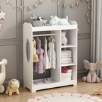 Kids Dress Up Storage with Mirror and Hooks, Wooden Dress Up Clothes Rack with Hanging Rod, 3 Side Hooks, Storage Shelves and