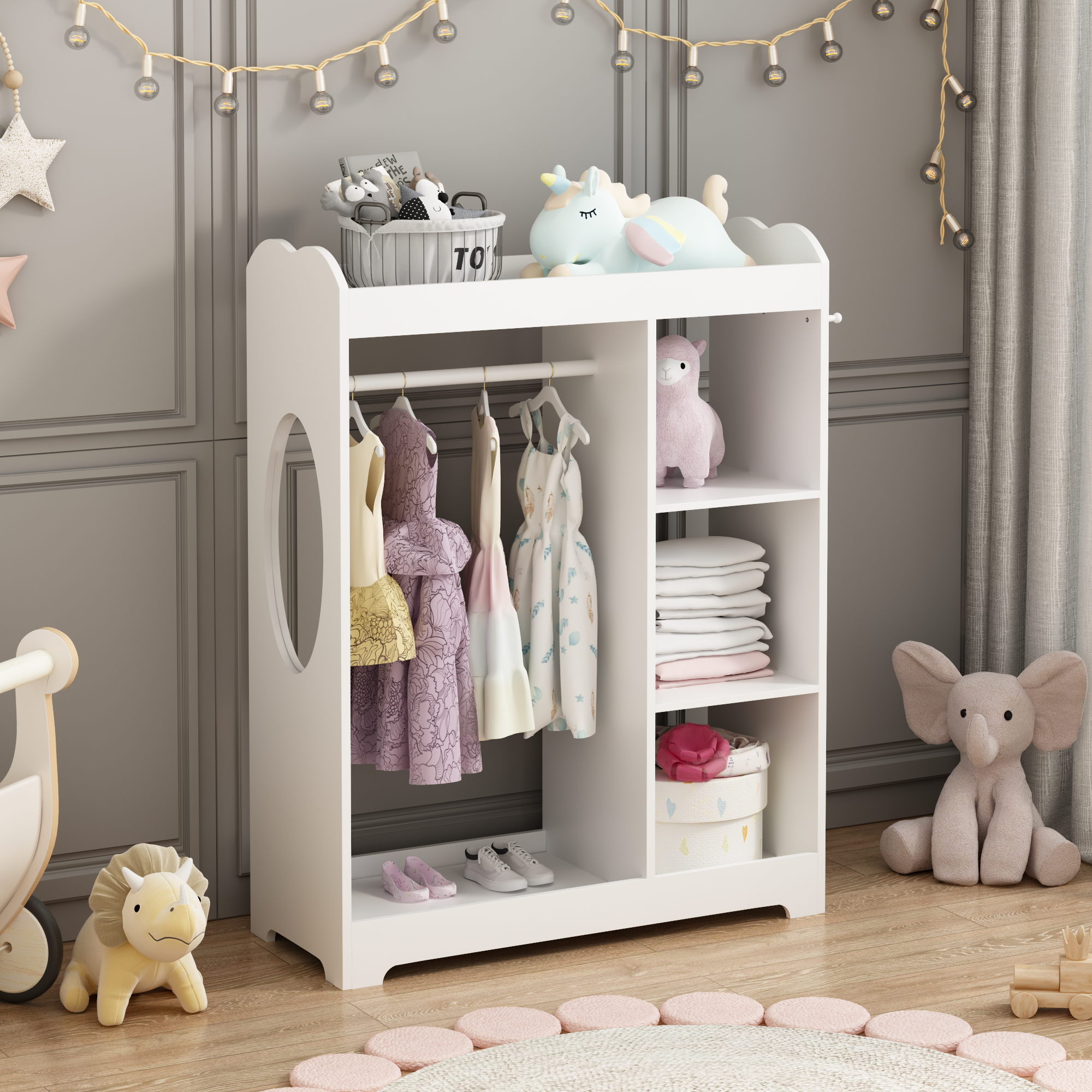 Kids Dress Up Storage with Mirror and Hooks, Wooden Dress Up Clothes Rack with Hanging Rod, 3 Side Hooks, Storage Shelves and