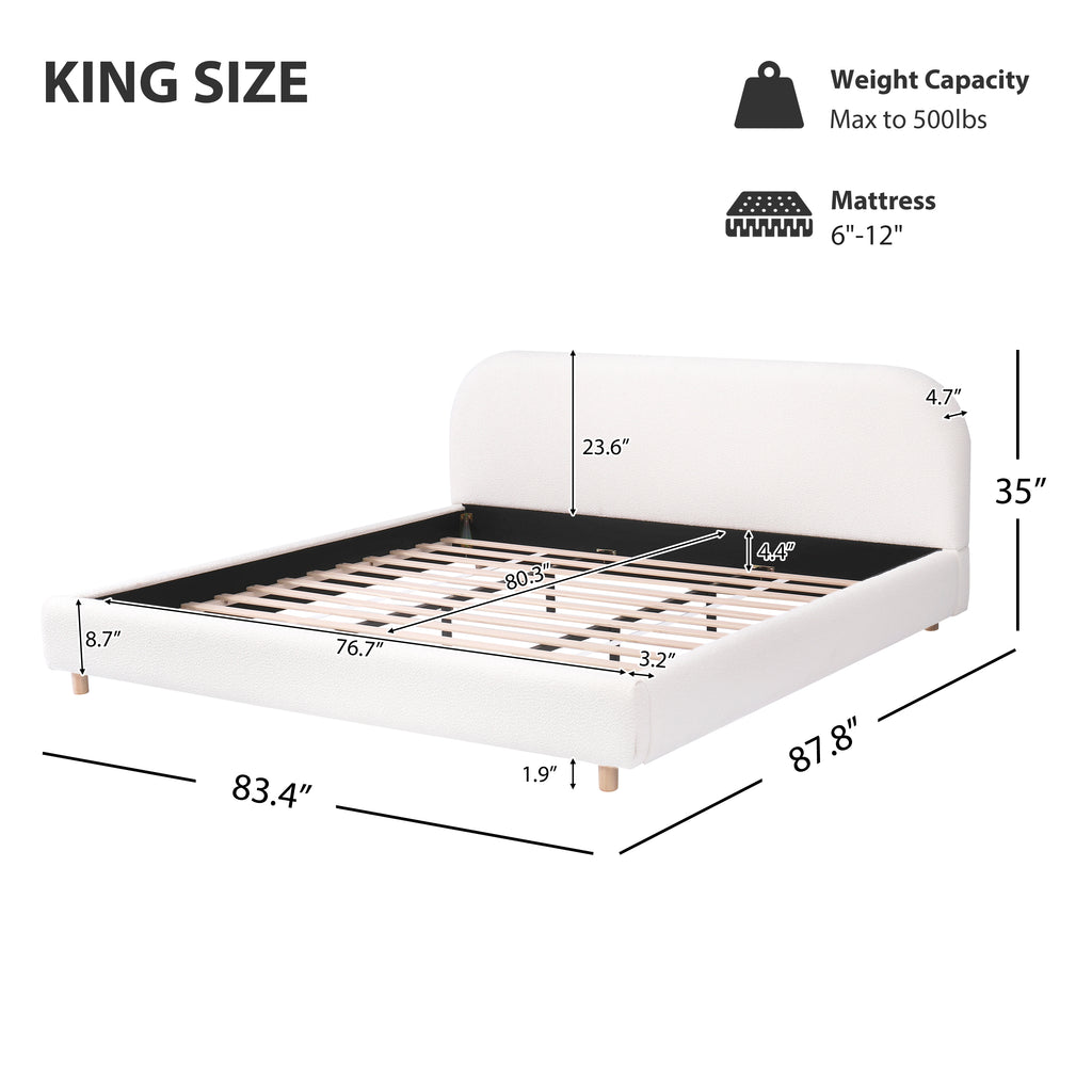 King Size Platform Bed with Boucle Fabric, Boucle Fabric Upholstered Platform Bed with Curve-Shaped Design Headboard, White, Easy Assembly - Grand Goldman Shop