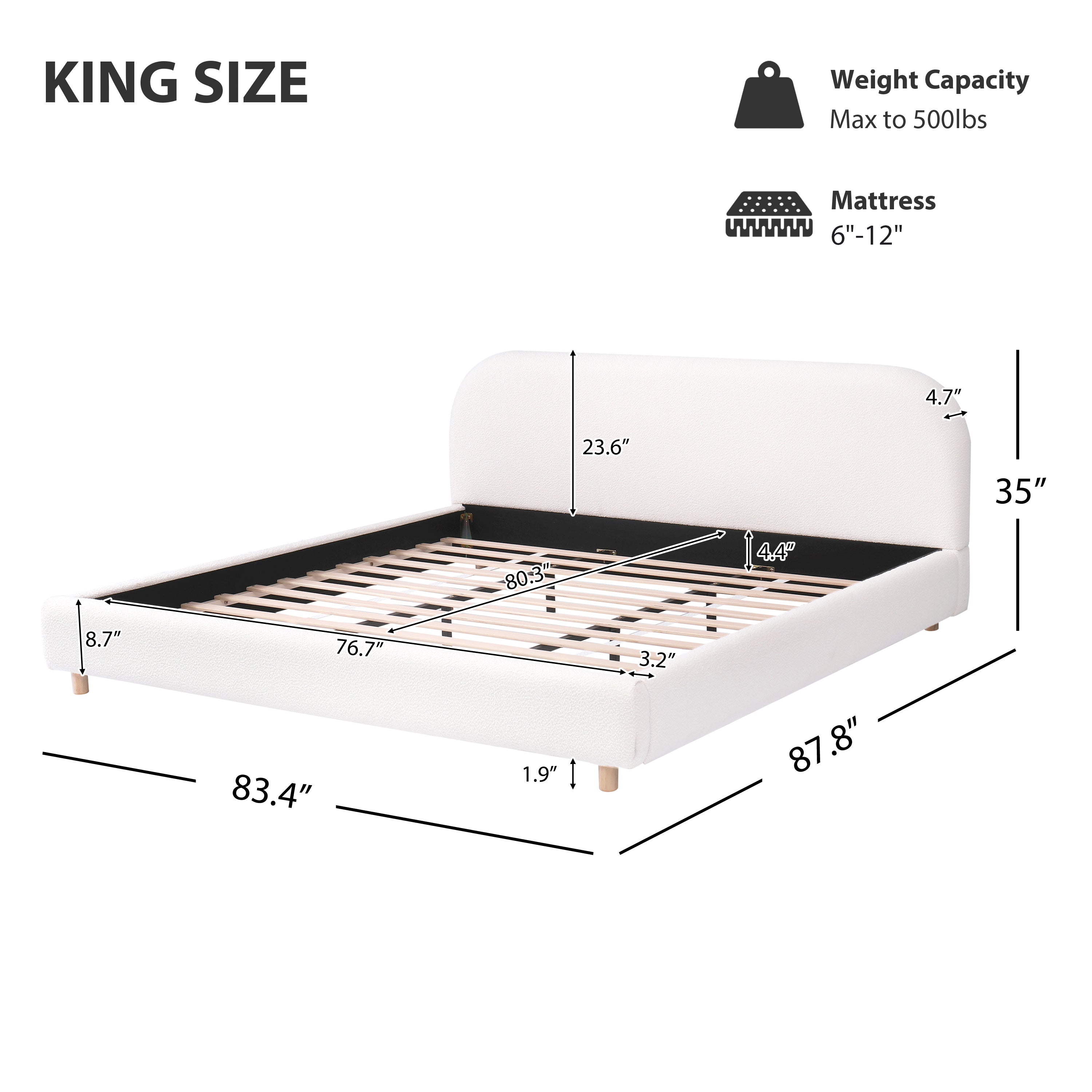 King Size Platform Bed with Boucle Fabric, Boucle Fabric Upholstered Platform Bed with Curve-Shaped Design Headboard, White, Easy Assembly - Grand Goldman Shop