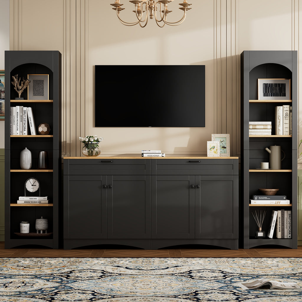 ON-TREND 3-Piece Farmhouse Entertainment Center with Storage Cabinet for TVs Up to 70', Mid-Century TV Stand with Bookshelf, Rustic Versatile Sideboard with Adjustable Shelves for Living Room, Black - Grand Goldman Shop