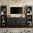 ON-TREND 3-Piece Farmhouse Entertainment Center with Storage Cabinet for TVs Up to 70', Mid-Century TV Stand with Bookshelf, Rustic Versatile Sideboard with Adjustable Shelves for Living Room, Black - Grand Goldman Shop