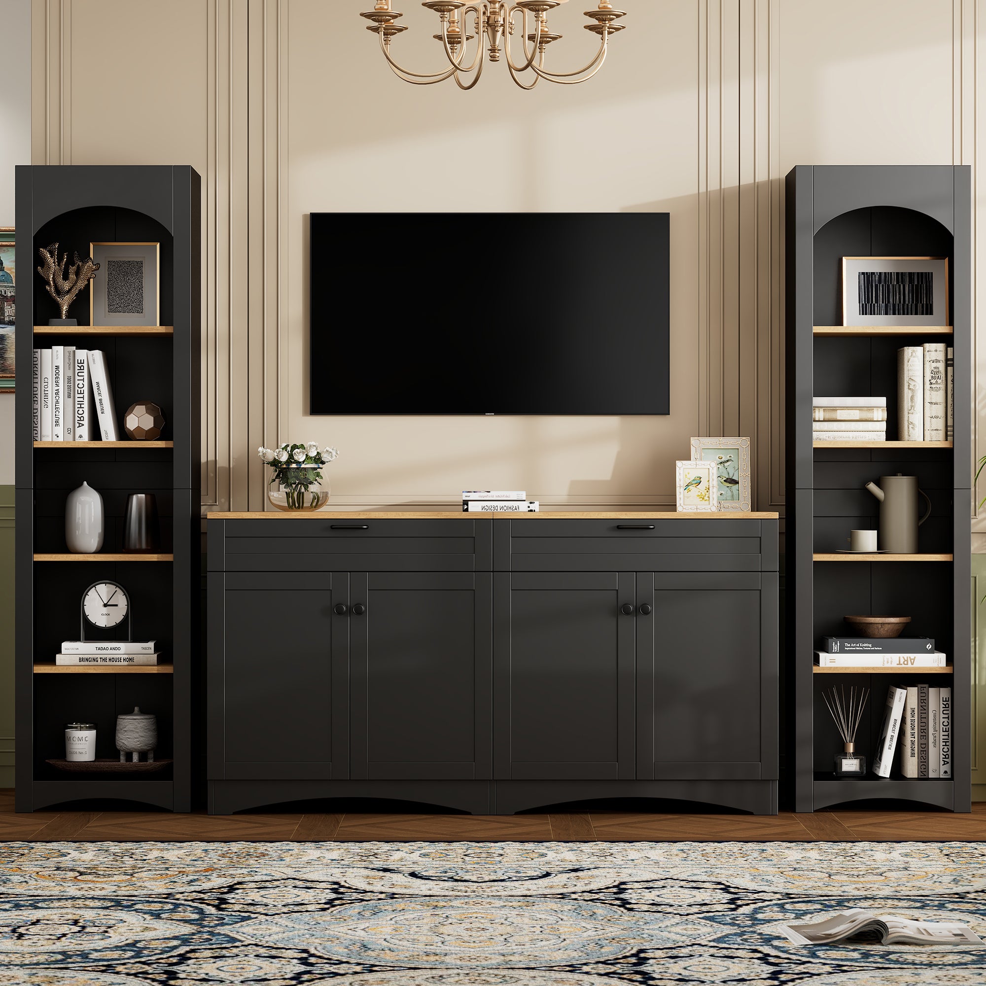 ON-TREND 3-Piece Farmhouse Entertainment Center with Storage Cabinet for TVs Up to 70', Mid-Century TV Stand with Bookshelf, Rustic Versatile Sideboard with Adjustable Shelves for Living Room, Black - Grand Goldman Shop