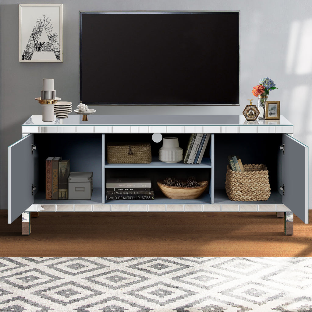 Mirrored TV Stand for 65+ inch TV,Sliver TV Console Table with Open Storage & 2 Storage Cabinets ,M Shape Sparkling Mirror Doors for Living Room(59''W x 25.2''H x 15.7D) - Grand Goldman Shop