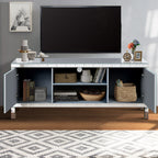 Mirrored TV Stand for 65+ inch TV,Sliver TV Console Table with Open Storage & 2 Storage Cabinets ,M Shape Sparkling Mirror Doors for Living Room(59''W x 25.2''H x 15.7D) - Grand Goldman Shop