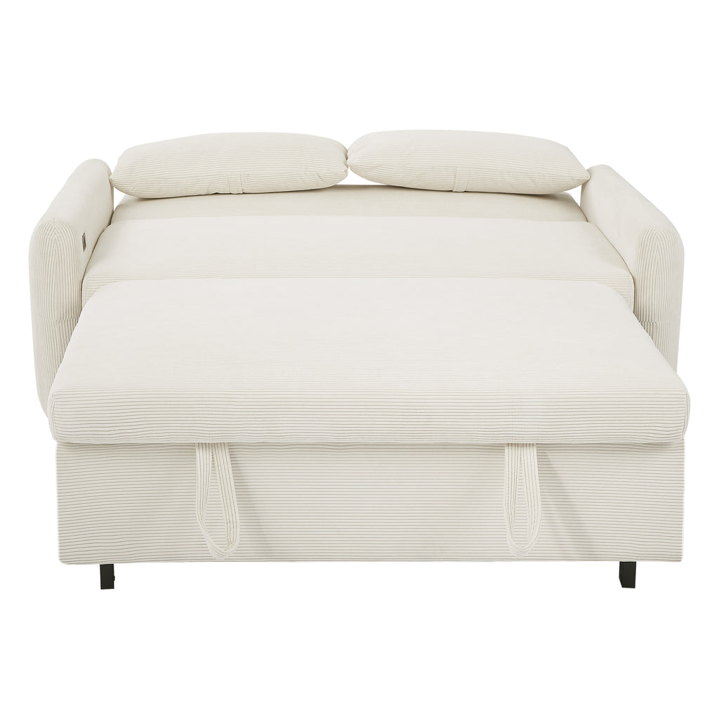 Modern Convertible Pull-out Sofa Bed with USB Ports and Pillows, Beige Corduroy, 57.48 inches - Grand Goldman Shop