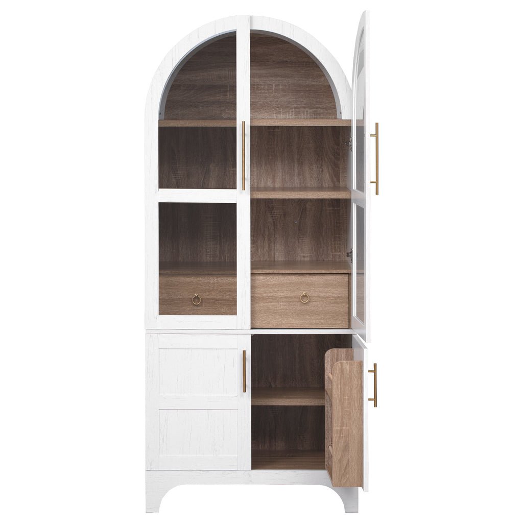 K&K 71' Tall Arched Kitchen Pantry Cabinet with Door Shelves, Farmhouse Kitchen Storage Cabinet with Open & Adjustable Shelves, Hidden Drawer & Glass Door, Cupboard for Kitchen, Dining Room, White - Grand Goldman Shop