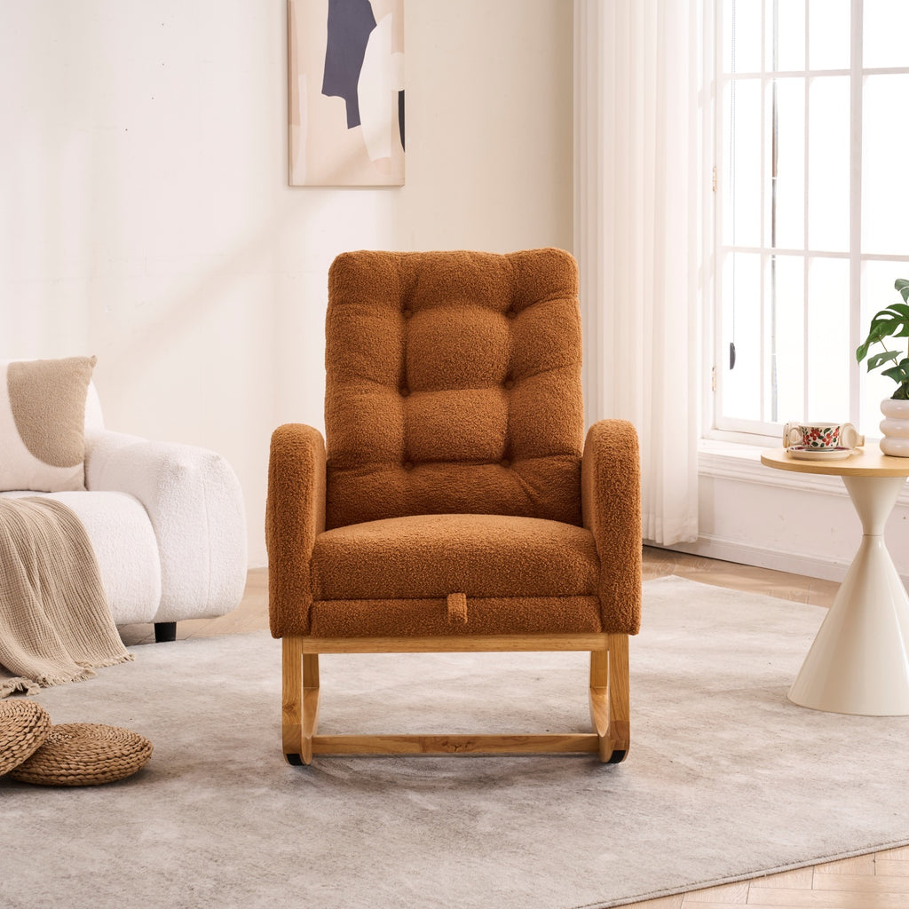 LY-5104 Caramel Accent Rocking  Chair with  Footrest High Back Rubber Wood Rocking Legs Bedroom Living Space   26.77D X 38.36W X 39.76H Inch - Grand Goldman Shop
