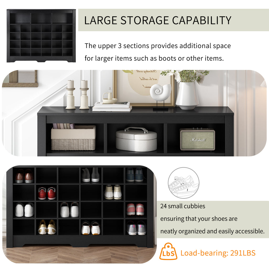 ON-TREND Sleek Design 24 Shoe Cubby Console, Modern Shoe Cabinet with Curved Base, Versatile Sideboard with High-quality for Hallway, Bedroom, Living Room, Black - Grand Goldman Shop