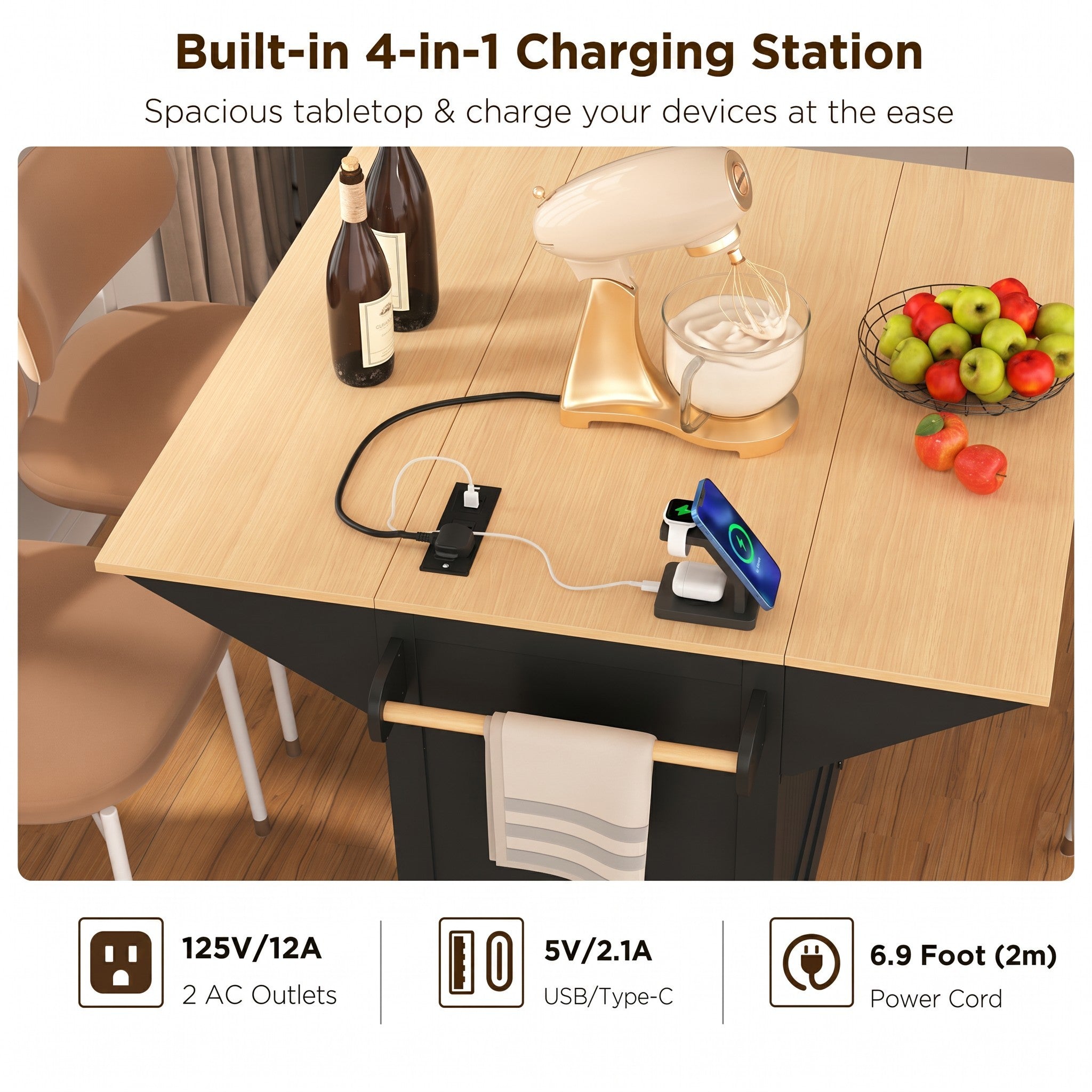 K&K 55.7'' Large Kitchen Island with 2 Drop Leaf,, Rolling Kitchen Cart on 5 Wheels with Power Outlet, Folding Storage Dining Table with Spice & Towel Rack , 3 Drawers, for Kitchen, Dining Room,Black - Grand Goldman Shop
