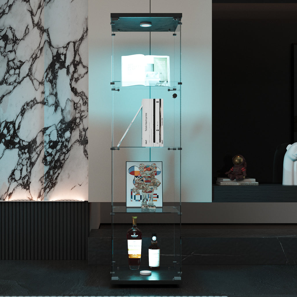 LED lights  Glass Display Cabinet 4 Shelves with Door, Floor Standing Curio Bookshelf for Living Room Bedroom Office, 64.7'*1