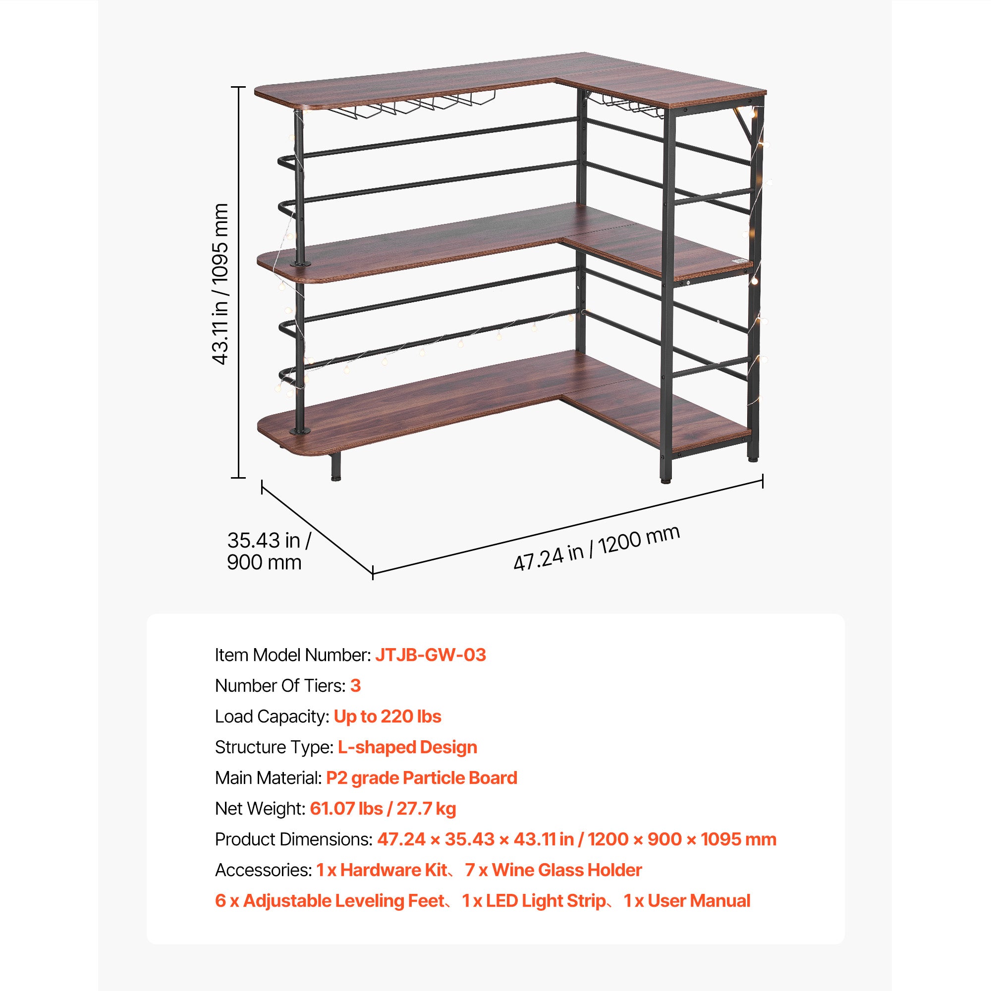 Home Bar Unit, L-Shaped Wine Bar Cabinet Table 3-Tier with Storage Shelves, Adjustable Foot Pads, LED Light, Walnut Finish & Metal Frame Liquor Cabinet for Home, Kitchen,Living Room,Pub,Basement - Grand Goldman Shop