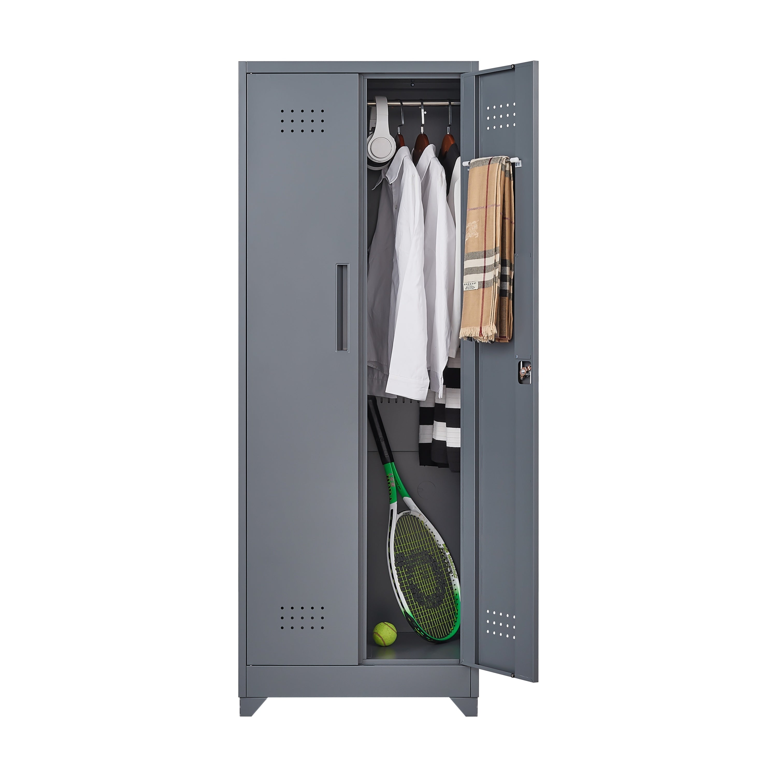Grey Heavy Duty Metal Storage Cabinet with Locking Doors, Hanging Rod & Shelves, 65' H Broom Closet for Garage or Basement - 