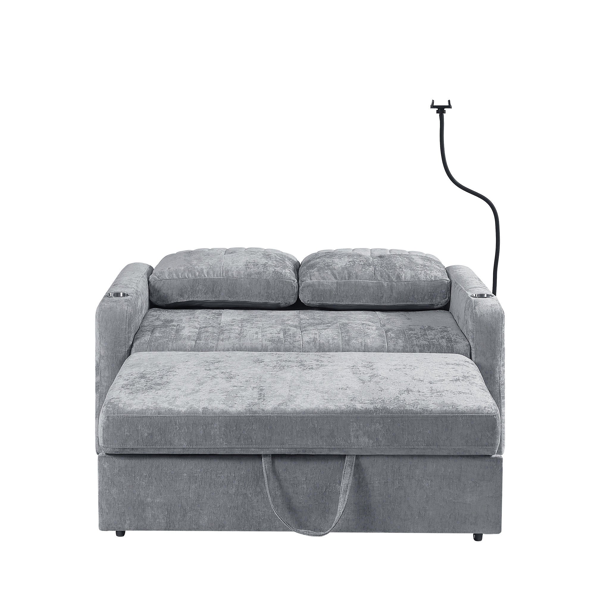 Modern Loveseat Pull-out Sofa Bed with Adjustable Backrest, Cup Holders, Phone Holder, Charging Ports, Side Storage Pockets, Grey Chenille - Grand Goldman Shop