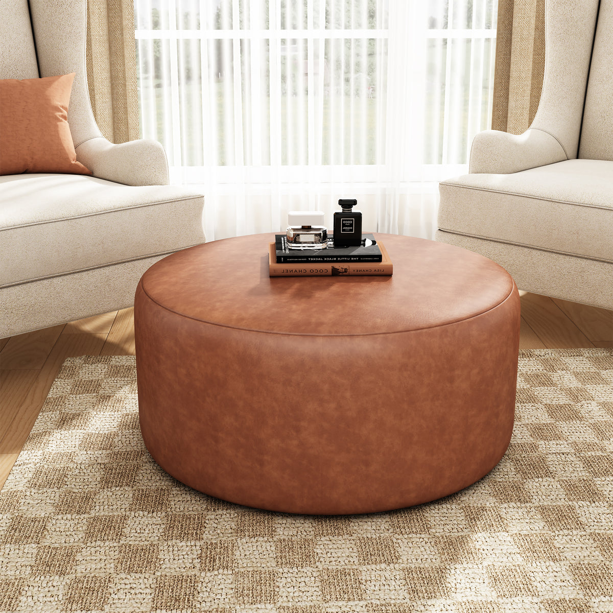 Upholstered Round Ottoman,PU Leather, Cognac Brown - Grand Goldman Shop