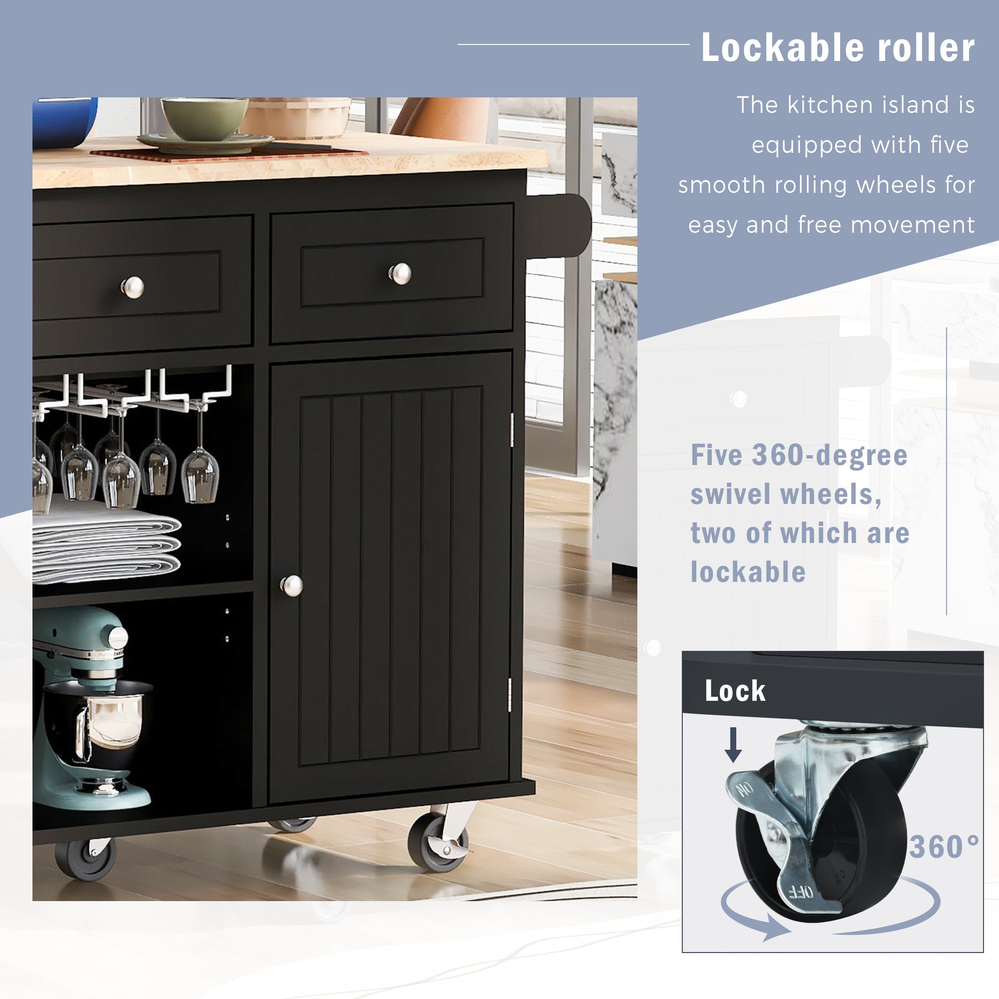 Kitchen Island with Power Outlet,Kitchen Storage Island with Drop Leaf and Rubber Wood,Open Storage and Wine Rack,5 Wheels,with Adjustable Storage for Home, Kitchen, and Dining Room, Black - Grand Goldman Shop