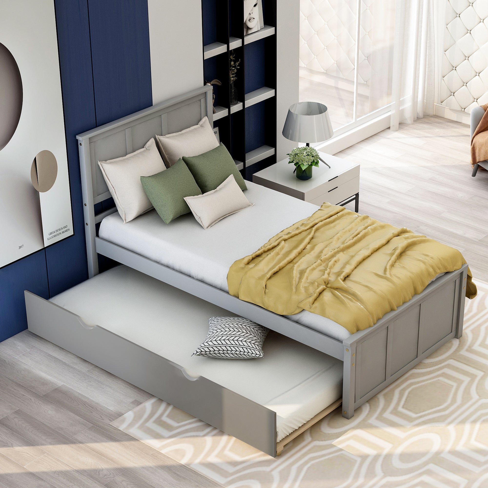 Gray Platform Bed with Twin Trundle and Frame, Solid Wood and MDF Construction, Twin Size - Grand Goldman Shop