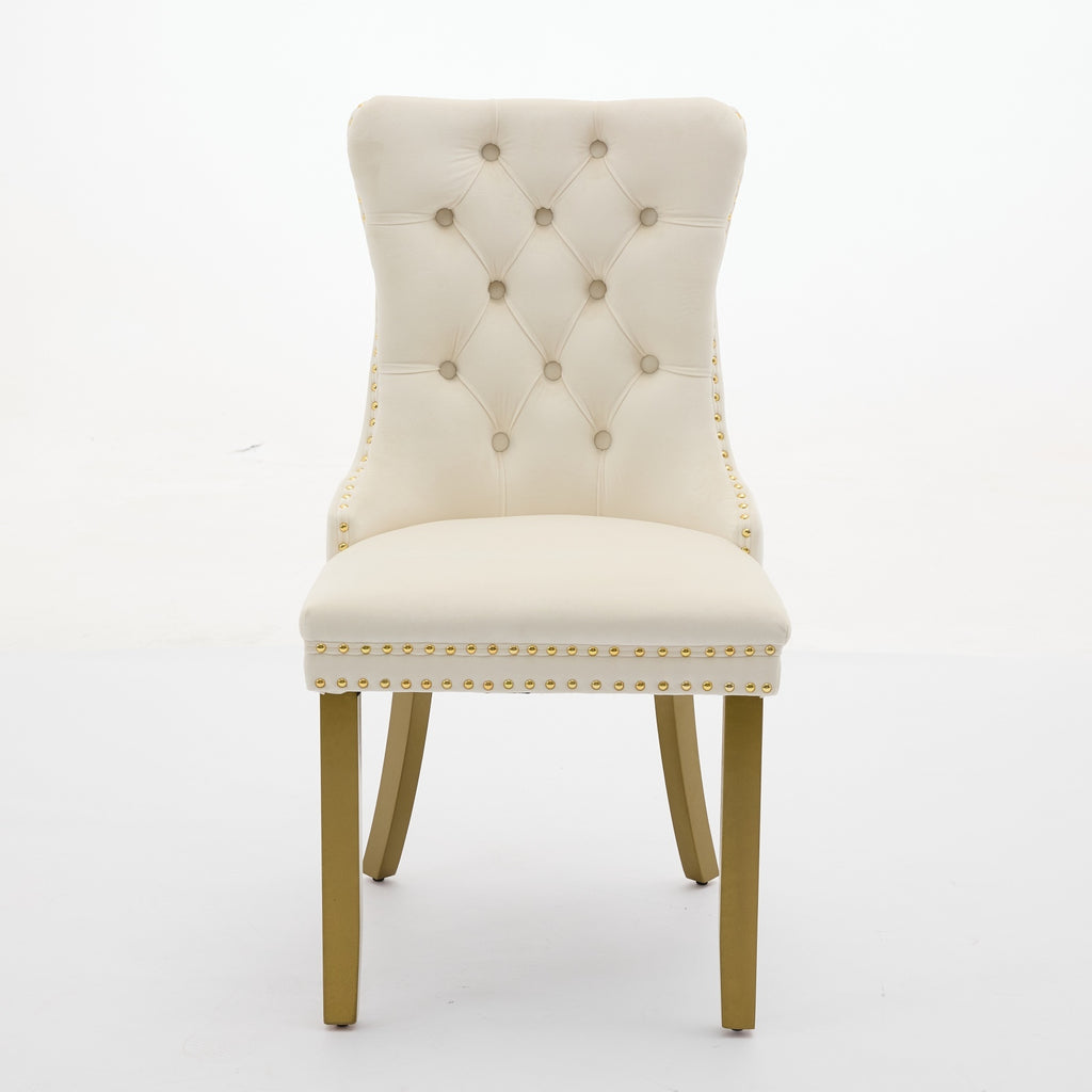A&A Furniture, Nikki Collection Modern, High-end Tufted Solid Wood Contemporary Velvet Upholstered Dining Chair with golden Wood Legs Nailhead Trim 2-Pcs Set, Milky White,SW1401MW - Grand Goldman Shop