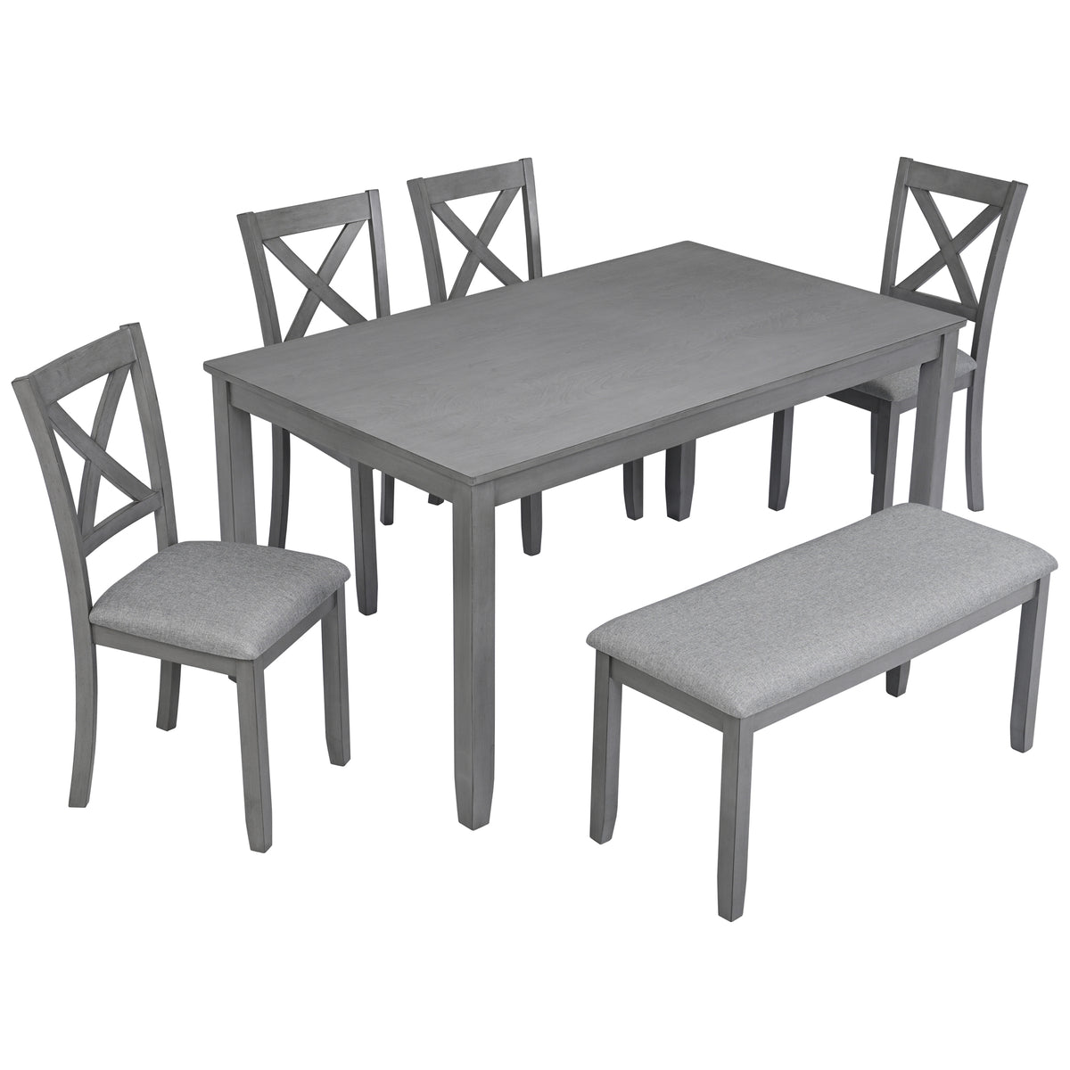 6PCs Kitchen Dining Set, Rectangular Wooden Dining Table with 4 Upholstered Chairs and a Bench, Dining Table Set for 6 People, Living Room, Home Bar and Kitchen, Gray - Grand Goldman Shop