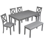 6PCs Kitchen Dining Set, Rectangular Wooden Dining Table with 4 Upholstered Chairs and a Bench, Dining Table Set for 6 People, Living Room, Home Bar and Kitchen, Gray - Grand Goldman Shop